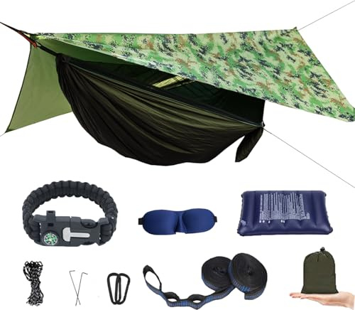 Camping-Hängematte mit Moskitonetz und Regenfliege, Reise-Hängematte, Insektennetz – Hängemattenzelt für Outdoor, Wandern, Rucksackreisen, Reisen, Campingzubehör und Campingausrüstung (Camo)