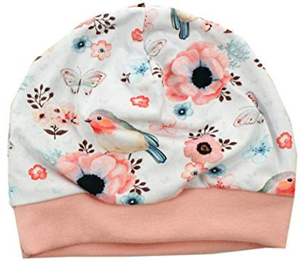 Kleine Könige Mütze Baby Mädchen Beanie · Mitwachs-Funktion · Modell Schmetterling Vögel Birds weiß, Altrosa · Ökotex 100 Zertifiziert · Größe 50/56