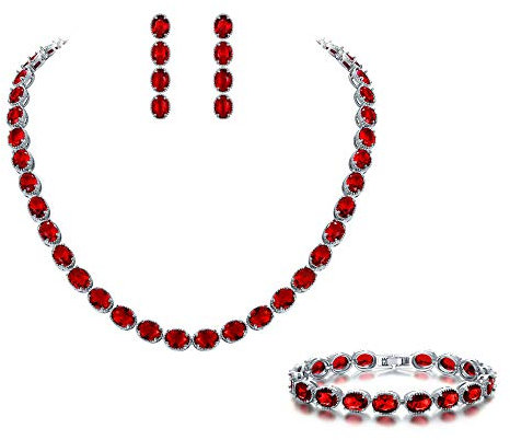 EVER FAITH Damen Schmuckset Braut Rot Oval Zirkonia Geburtsstein Hochzeit Party Geschenk Halskette Ohrringe Armband Set