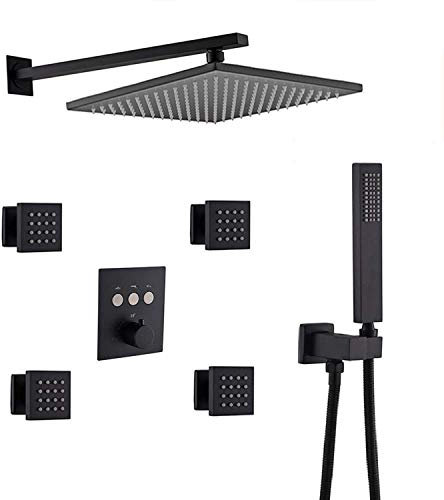 AYIVG Thermostatic Shower System,With Body Jets,Brass Black Finish,Square 12 Inch Rainfall Shower Head