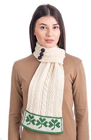 St. Patrick's Day Damen Loop Aran Wollschal Grün Kleeblatt Schal aus 100% Merinowolle, Natur
