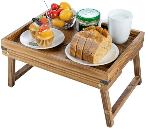 MyGift Rustic Dark Wood Foldable Bed Tray – Breakfast Table, Laptop Desk & Kitchen Serving Tray with Folding Legs