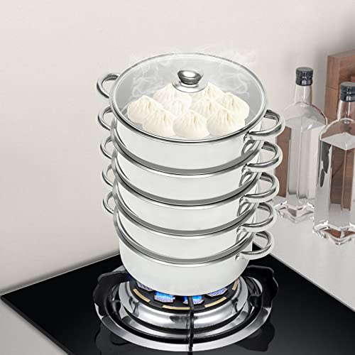 5 Tiers Steamer for Cooking, Stainless Steel Steamer, Compatible with Vented Glass Lid Cookware Pot & Pan Set for Gas Stove, Furnace, Electric Halogen Oven Induction Hob (5 Tiers,Φ 26cm)