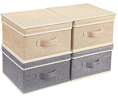 BrilliantJo Aufbewahrungsboxen mit Deckel, Faltbarer Aufbewahrungskorb für Kleidung mit Griff für Spielzeug, Bücher, Schrank, Schlafzimmer, Zuhause, Beige+Grau Set 33,5 * 31,75 * 17,5 cm