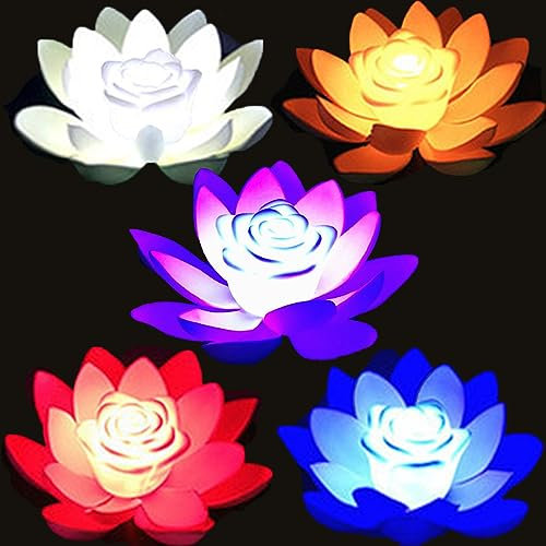 SUQ 5 Piezas Luz de Lirio Flotante de Agua, Flor de Loto Hojas de Loto para Estanque, Artificial Flor Luz, Jardín Iluminación Decorativa, para Piscina, Fuente, 18CM