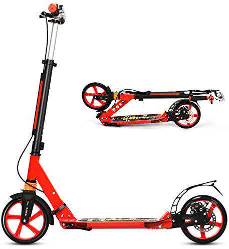 GYMAX Stunt Scooter höhenverstellbar, Faltbarer Kickscooter mit 200 mm PU-Rädern, Sports Tretroller mit Doppel Federung, inkl. Klingel & Tragegurt, bis 100 kg belastbar, für Kinder & Erwachsene (Rot)