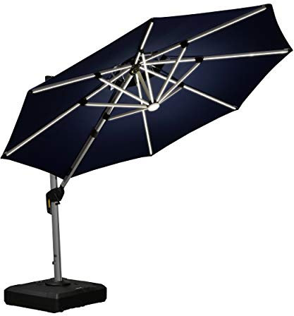 PURPLE LEAF Sonnenschirm 300 cm mit Led Solar Beleuchtung Ampelschirm Marktschirm Gartenschirm Kurbelschirm Terrassenschirm mit Kurbel, 360° Rotation, Sonnenschutz UV50+, Marineblau