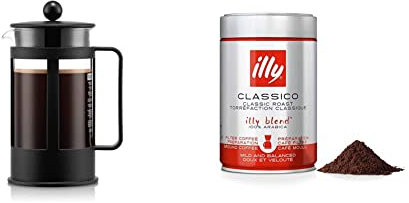 BODUM Kenya 8 Cup French Press Coffee Maker, Black, 1.0 l, 34 oz & illy Coffee, Classico Filter Coffee, Medium Roast, 100% Arabica Coffee Beans, 250g