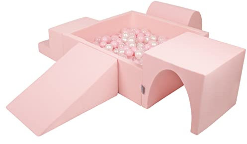 KiddyMoon Aire De Jeux en Mousse avec Carré Piscine À Balles (200 Balles) pour Enfants, Rose:Rose Poudre/Perle/Transparent
