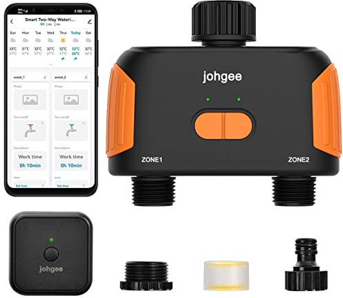 Smart WiFi Water Timer, 2-Zone Sprinkler Hub, 2 Outlets Hose Timer with Rain Delay, Wireless Irrigation Control for Garden/Lawn/Faucet