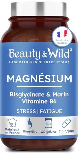 Magnésium + Vitamine B6 | Bisglycinate et Marin | Récupération Musculaire, Anti-Stress, Fatigue, CORTISOL | Haute teneur & Absorption | 300mg/jour | 120 Gélules | Made in France | Beauty & Wild