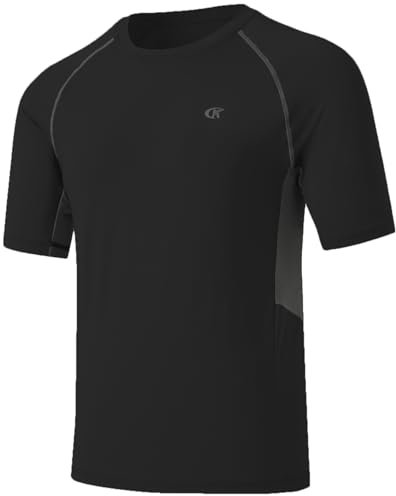 Huayuzh Mens Swim Shirts Short Sleeve Rash Guards Rashguard UPF 50+ Quick Drying T-Shirts Surfing Pool Beach Sports Top Black M