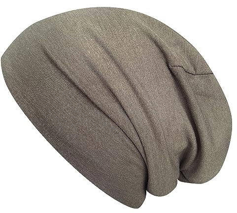 Wollhuhn ÖKO Jungen/Mädchen Bequeme Weiche Long Beanie/Mütze/Beanie-Mütze/Strickmütze/Kindermütze Jersey Gefüttert Übergangszeiten (Öko-Stoffe/Bio) (LB Einfarbig Oliv/Grau, M)