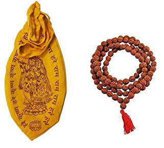 BishtHub 5 Mukhi Rudraksha Mala 108 Perlen mit Gomukhi Japa-Beutel, Small, Holz, Ohne Edelstein.