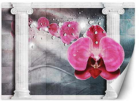 Premium Vinyl Fototapete Orchidee Diamanten Säulen 254x184 cm XXL Wandtapete Tapeten Wohnzimmer Schlafzimmer Jugendzimmer Büro Flur Hotel Spa Moderne Design Wand Dekoration Abstrakt Konkret Rosa