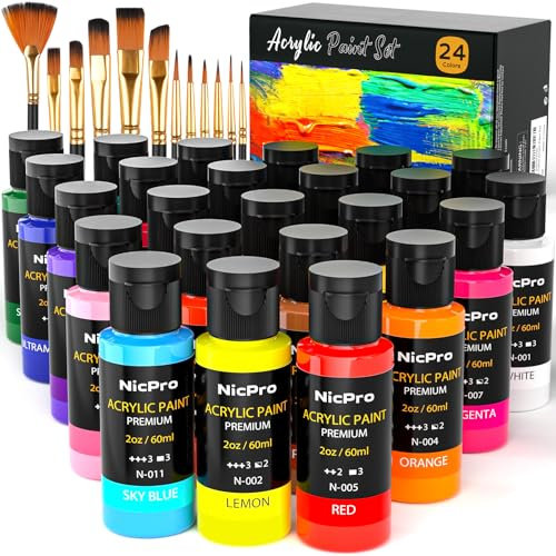 Nicpro 24 Colors Acrylic Paint Set (2 oz, 60 ml) with 12 Brushes, Non Toxic Art Supplies Kit for Rock Painting, Multi Surface Canvas Clay Wood Fabric Craft Ceramic, for Kid & Adult Beginner