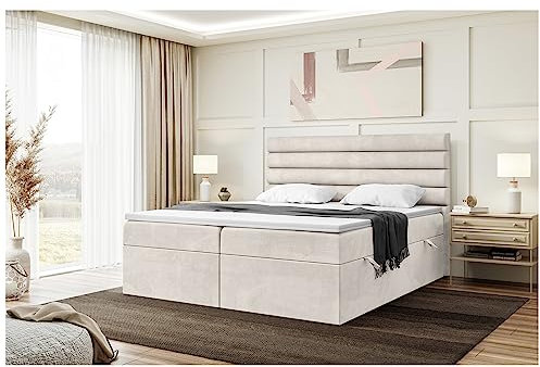 MEBLINI Boxspringbett mit Bettkasten - Gepolstert Doppelbett mit Matratze und Topper - Polsterbett mit Stauraum - Bett mit Kopfteil - Stauraumbett - Karim - 180x200 - H4/Beige Samt