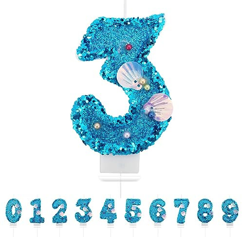 Geburtstagskerzen Zahlen 3,3D Meerjungfrau Geburtstagskerzen,Blau Kerzen Geburtstag Zahl 3, Kuchen Topper Dekoration Kuchendeko Geburtstag, Geburtstagskerzen für Geburtstagsdeko
