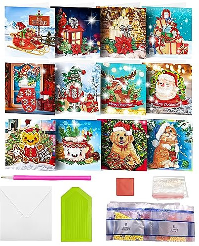 MEDOYOH 12er-Set DIY Diamond Painting Grußkarten mit Umschlag, Diamantmalerei Blanko Kunstkarten für Geburtstag Muttertag Weihnachten Jubiläum Erntedankfest, Weihnachten 13