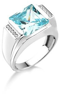 BySilverStone Jewelry Blauer Topas-Siegelring Für Männer Aus 925Er Silber, Quadratisch Geschliffener Weißer Zirkon-Herrenring, Hochzeitsschmuck Für Männer, Einzigartiger Aquamarin-Silber-Herrenring