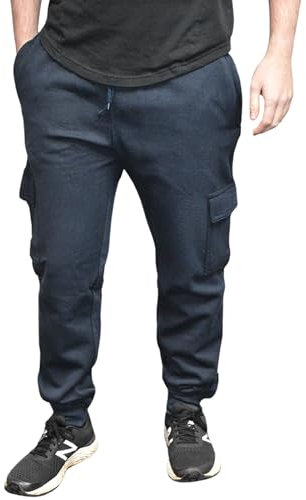 True Face Mens Trouser Fleece Sweatpants Cargo Combat Joggers Multi Pockets Elasticated Ribbed Sports Running Fitness Gym Jogging Bottoms Navy Ribbed XXL