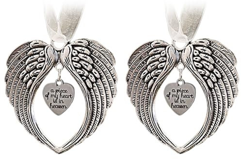 DALAETUS 2 Pcs Memorial Bauble, Christmas Ornament for Home Decor Gifts, A Piece of My Heart is In Heaven Angel Wings Shaped Tree Hanging (With Ribbon)