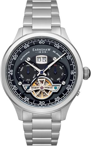 Thomas Earnshaw Herren-Armbanduhr ES-8187 mit offenem Herz, 43 mm, Baron Grand Datum, Kalender, offenes Herz, Automatikuhr mit Lederband, Schwarz , Armband