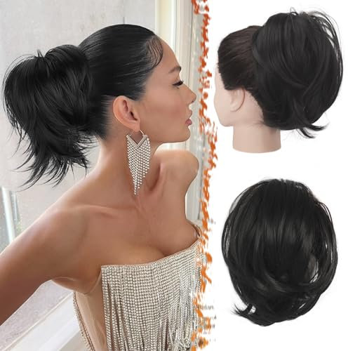 BARSDAR 20cm Gerades Pferdeschwanz Haardutt Extension, Klauen Clip Kurzes Pferdeschwanz Dutt Extension Synthetische Schwarz Haar Clip in Haardutt Pferdeschwanz Haarteil für Damen (Jet Schwarz)