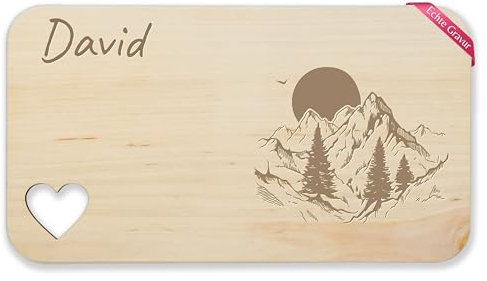 Frühstücksbrettchen Holz Herz - Wandern - Brotzeitbrett Bergwanderer Geschenk Wanderer I Berge I Klettern I Bergkette Name - 22,5x12,5 - Holz - personalisierte geschenke vesperbrett berg hike