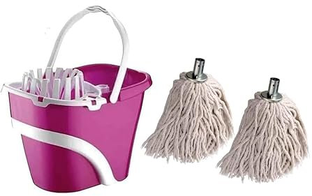 Best House Heavy Duty 2Pcs Mop Bucket 16.5 Liters Plastic With Wringer and Wheels + 2 Pcs Cotton 14 Ply Metal Socket Mop Head For Everyday Home Work Commercial Mop Long lasting
