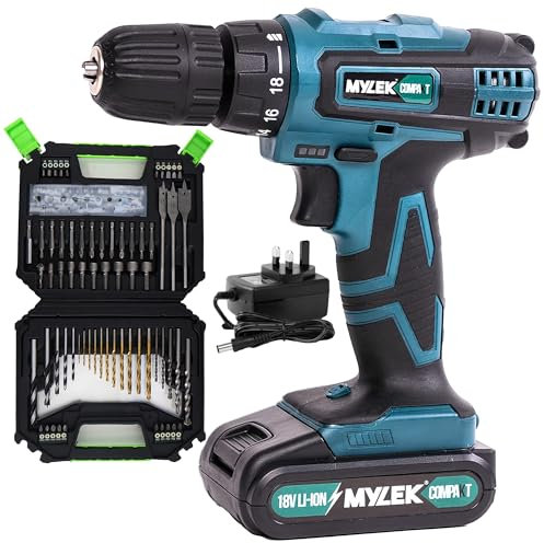 MYLEK 18V Cordless Drill - Lithium Ion Drills Driver Screwdriver Set - 13 Piece Combi Accessory Kit - LED Worklight, 18 Volts Blue/Black with MYLEK 4ORCE Accessory Kit (128 Piece)