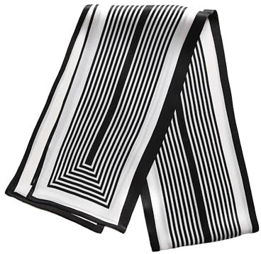 BREEZE NOUTHERLY Women's 100% Silk Scarf,Seidenschal Damen 100% Seide, Bunte Luxuriöse Schals, Schwarz Weiß Retroflex Streifen-17X150