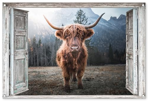 MuchoWow© Gartenposter Groß XXL Outdoor Bilder Gartendeko für draußen | 120x80 cm - Wetterfest Garten Deko Modern Geschenke Banner Bild Schottische Hochlandrind - Kuh - Landschaft