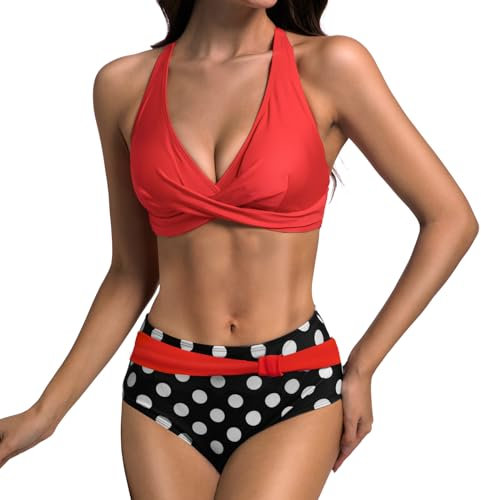 JONRRYIN Bikini Damen Set, Bauchweg Bikini Damen, Zweiteiliger Bauchweg Badeanzug V Ausschnitt, Bademode High Waist Push Up Sexy Badeanzüge Bauchkontrolle Strandbikini