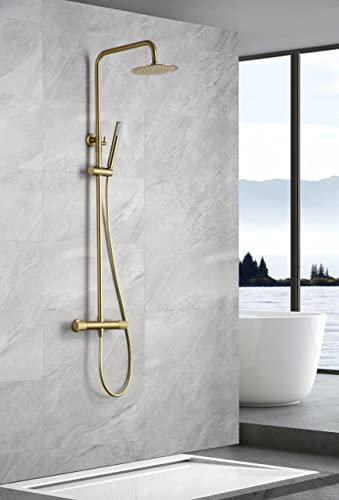 IMEX - Columna Ducha Termostatica Oro con Grifo | Conjunto de Ducha con Alcachofa y Rociador Antical Efecto Lluvia | Griferia en Latón y Acero Inox S.304 con Barra Extensible Dorada | Serie Line