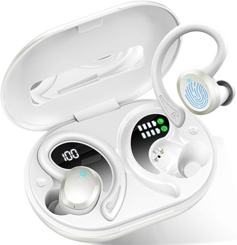 Wireless Earbuds, 48H Bluetooth 5.3 Headphones Sports with ENC Mic, Stereo Noise Cancelling Ear Buds, Wireless Headphones with Earhooks, LED Display, IP7 Waterproof Bluetooth Earphones for Running Gym