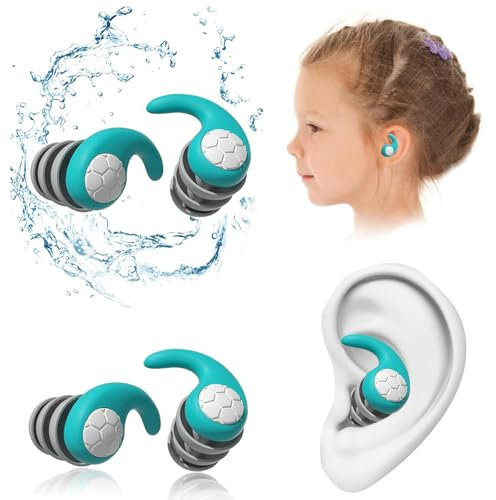 2 Pairs Waterproof Swimming Ear Plugs for Children Reusable Soft Silicone Swim Earplugs Perfect for Surfing, Diving,Pool,Showering(Cyan, s)