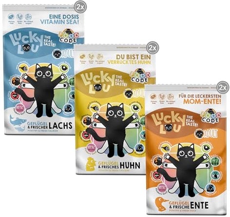 Lucky Lou Adult Trockenfutter Mix für Katzen - 6 x 750g - Food Code Katzenfutter trocken für ausgewachsene Katzen, ohne Getreide & Zucker