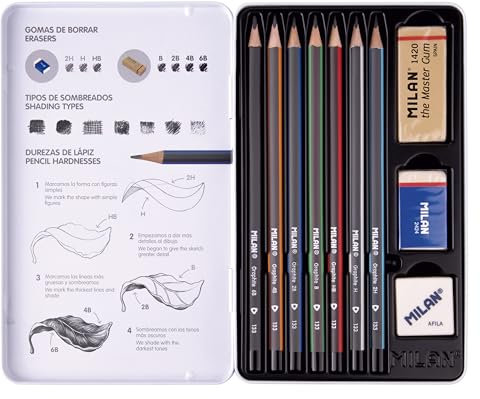 MILAN® 7 Graphitstifte (2H, H, HB, B, 2B, 4B, 6B) zum Zeichnen, mit 2 Radiergummis und Anspitzer, im Metalletui