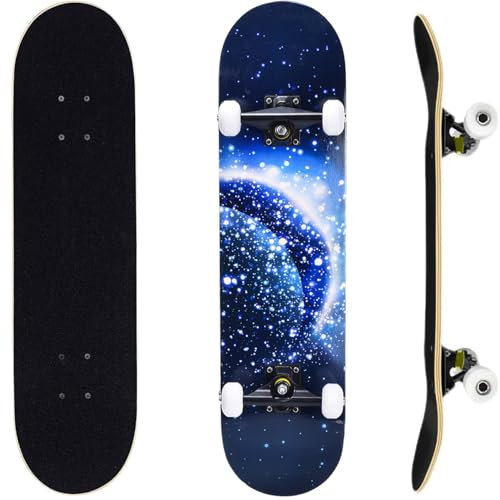 ERNAN Skateboard 31x8 Zoll für Kinder Jugendliche Erwachsene, komplettes Standard-Skateboards, 7 Schichten Ahorn-Deck, konkaves Skateboard (Moon)