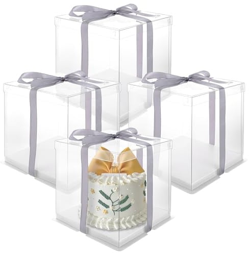 LDXDRU 4 Stück Tortenbox Tortenkarton Tortenschachtel Geschenkbox Durchsichtig, 22x22x24CM Transparente Geschenkbox Tortentransportbox Hoch mit Deckel, Torten Box Kuchen Transportbox mit Band