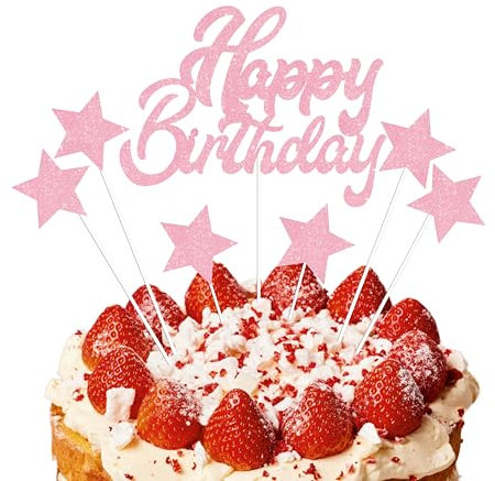 EKAM Glitter Pink Cake Topper Set Happy Birthday with Star Sticks Cupcake Cake Topper Birthday Party Cake Decor for Him/her Kids Girl Boy Men Women Party Cake Supplies - 7Pcs (Pink)