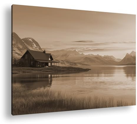 deyoli Ein einsames Holzhaus am See, umgeben von friedlicher Dämmerung und majestätischen Bergen. Format:90x60 cm Effekt:Sepia als Leinwandbild, Motiv gerahmt auf Echtholzrahmen,Digitaldruck