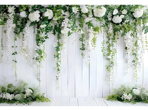 Ttincceer Weiße Blume Hochzeit Fotografie Hintergrund 3x2.5m Retro Weiße Planke mit grünen Blättern Floral Braut Dusche Hintergrund Baby Mädchen Geburtstag Party Portrait Kuchen Tisch Dekor