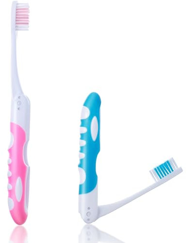 Aeaocvo Reise Zahnbürste 2 Stück Reisezahnbürste Klappbar Set, Tragbare Zahnbürste für Erwachsene, Travel Toothbrush für Reisen, Camping, Schule, Geschäftsreise(Rosa, Blau)