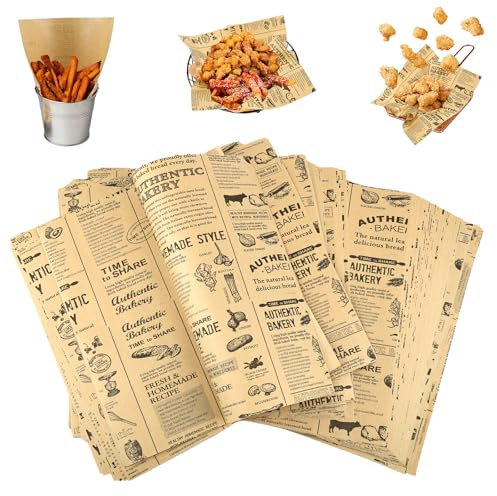 100 Blätter Backpapier Zeitungsoptik, Backpapier Zuschnitte 25 X 25 cm,Butterbrotpapier, Burger Papier, Käsepapier, Ölbeständiges Sicheres Deli Wrap Papier für Sandwiches, Pommes, Kuchen, Brot