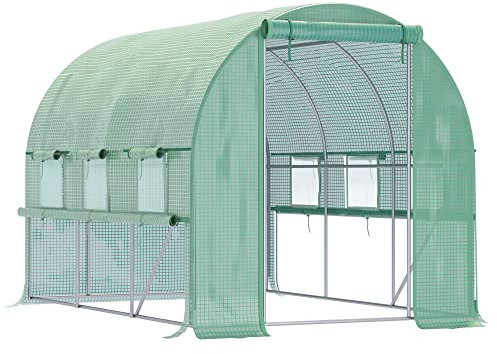 Outsunny Serre de Jardin Tunnel, Serre Tunnel 6 m² avec 6 fenêtres et 1 Porte Enroulable, Toile PE Structure en Acier galvanisé, Vert