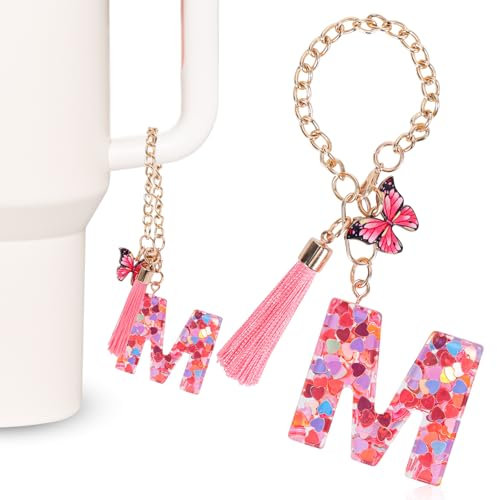 MWOOT Pink Initial letter Keychains for Women, Stanley Cup Charms, Cute Initial Keychain Handle Charm for Stanley Tumbler, M