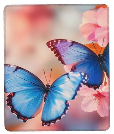 Tapis de bureau en fleurs de cerisier volant bleu papillon tapis de souris rose tapis de souris pour femme girly tapis de clavier d'ordinateur pour travail/bureau/maison 21 x 26 cm