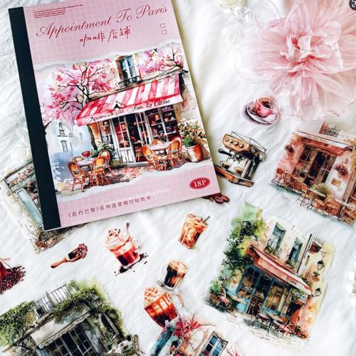 Scrapbook Zubehör Stickers,PET Scrapbooking Sticker Set,Blumen und Landschaft Building Aufkleber Deko für Bullet Journal,Fotoalbum,Kalender,Journaling,Painting(Coffee Shop)
